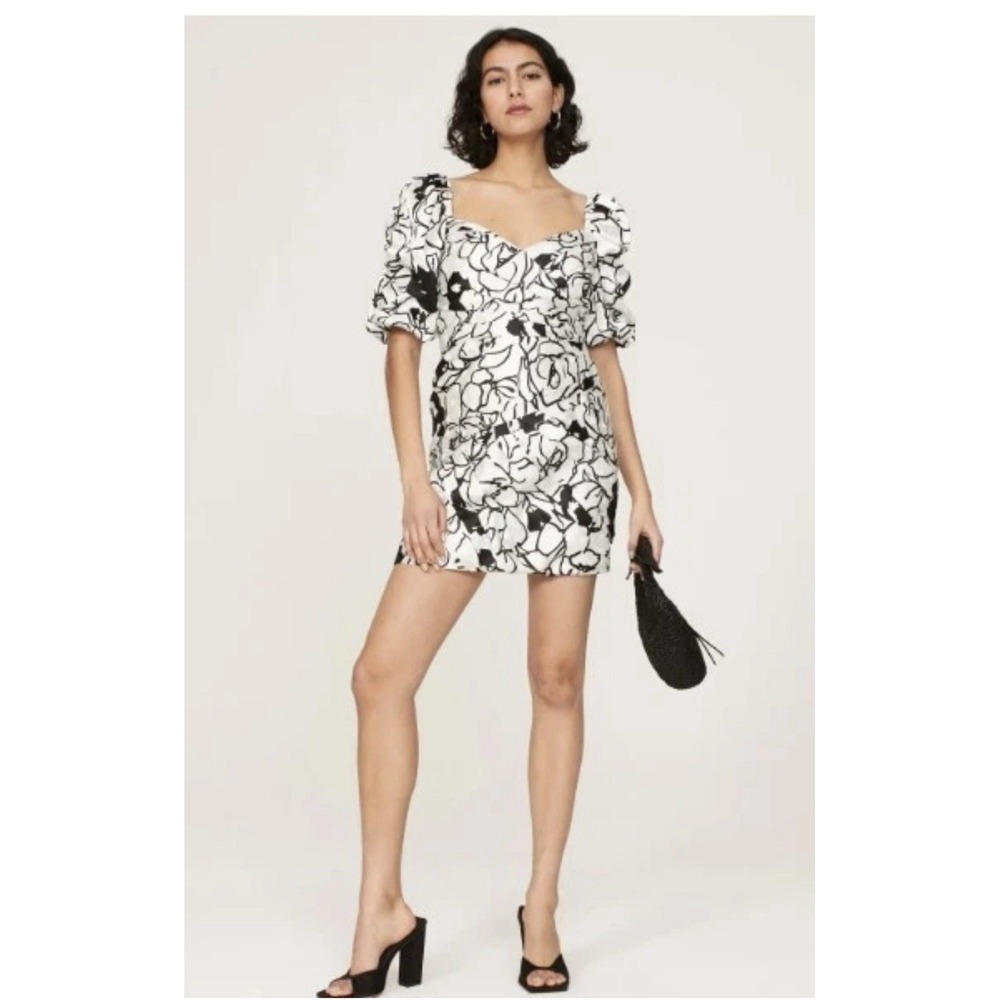 Ronny Kobo Dawson Dress Black White Floral Puff Sleeve Ruched Pleated Mini NWT M
